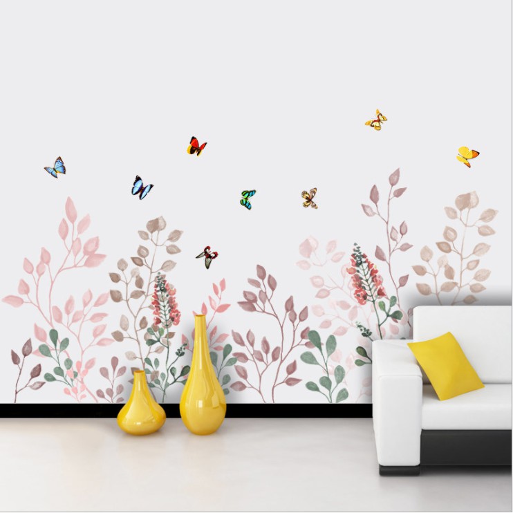 Decal dán tường trang trí chân tường -  BƯỚM NGŨ SẴC CÙNG HOA CỎ MÙA XUÂN