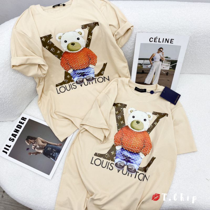 Áo phông be gấu LV áo cam form rộng đẹp- Áo thun tay lỡ Unisex nam nữ kiểu hàn quốc vải cotton HARI in hoạ tiết
