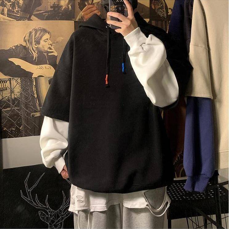 Áo hoodie Giả 2 Lớp Dày Dặn Dáng Rộng Phong Cách Hàn Quốc Thời Trang Thu Đông Cho Nam