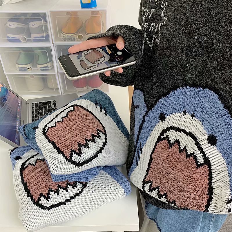 Áo Sweater Dệt Kim Tay Dài In Họa Tiết Cá Mập Thời Trang Cho Nam Và Nữ