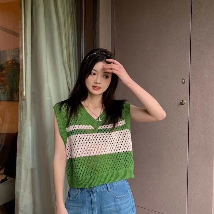 [Hana And Alice] Áo Thun Dệt Kim Sát Nách Dáng Rộng Kẻ Sọc Kiểu Mỹ Cá Tính