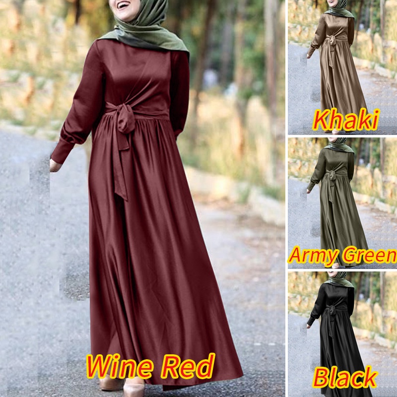 Zanzea Đầm Dài Vải Satin Màu Trơn Cổ Tròn Phối Nút Và Dây Kéo Sau Lưng Cho Phụ Nữ Hồi Giáo