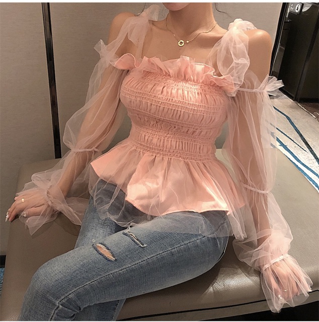 Áo Voan lưới cột nơ tay loại 1 lưới rớt vai dài Yura Store AVL019 | BigBuy360 - bigbuy360.vn