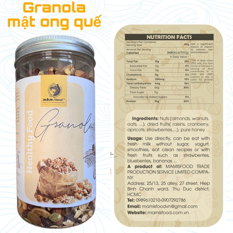 Ngũ cốc giảm cân, granola siêu hạt không yến mạch nướng mật ong rừng giòn rụm 100% không đường, m&m Harvest 500g