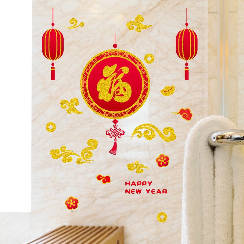 Decal trang trí tết - Vòng tròn nhũ kim tuyến đỏ chữ PHÚC lớn
