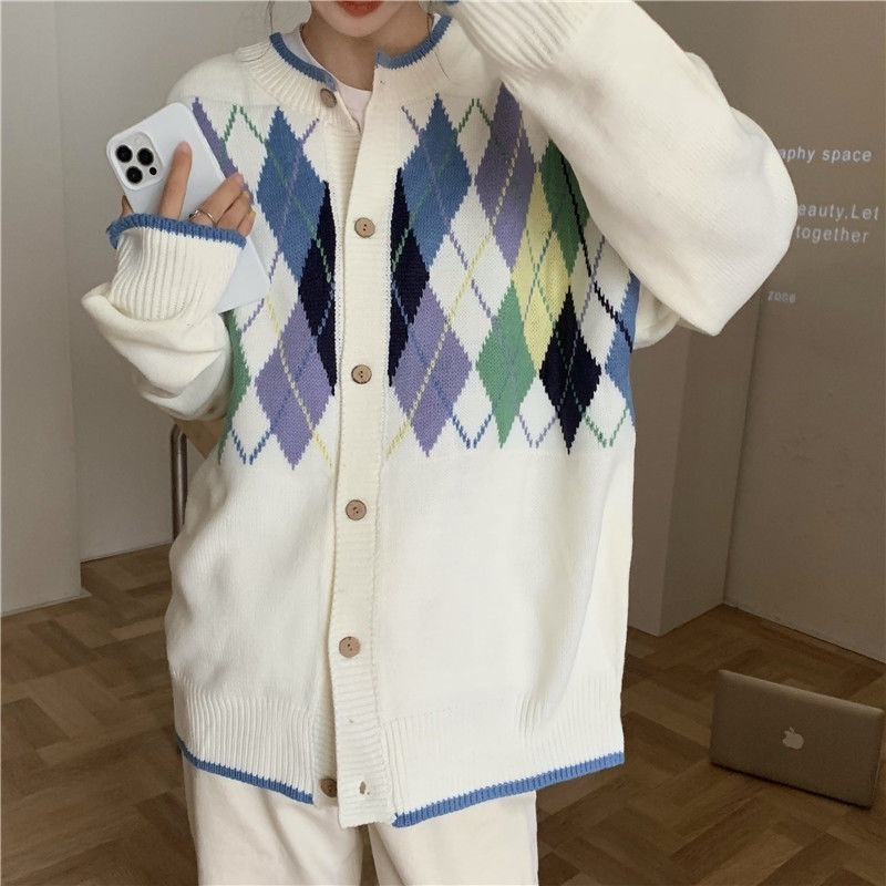 Áo khoác Cardigan dệt kim dáng rộng họa tiết kim cương xanh lá thời trang cho nữ