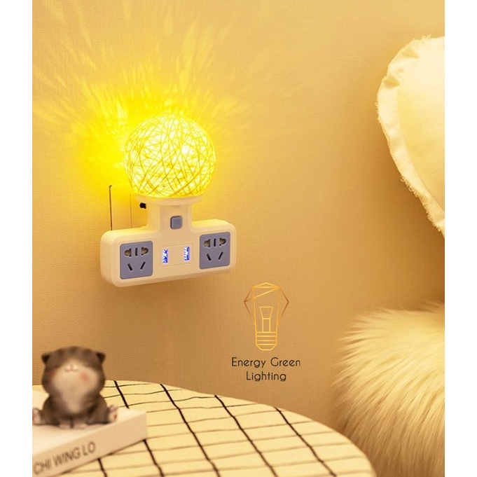 Ổ Cắm Điện Đa Năng - Đèn Ngủ Cầu Mây Energy Green Lighting - 2 Cổng USB , Ổ Chịu Tải 2500W, Chống Cháy Nổ