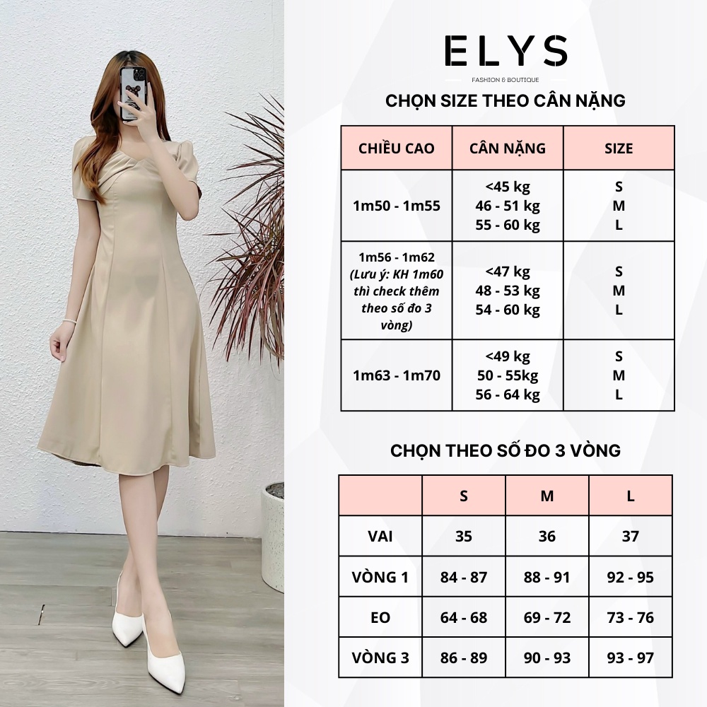 Váy Đầm Tiểu Thư Công Sở Tay Bồng Xếp Ly Ngực ELYS Chất Trượt Cao Cấp Thiết Kế Chiết Ly Eo Dáng Xòe Nhẹ LY008