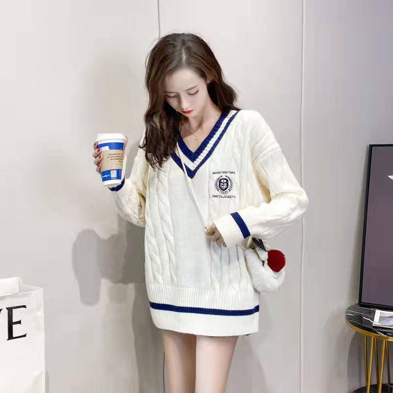 Áo len cổ chữ V dáng rộng thêu họa tiết phong cách phương Tây thời trang thu đông cho nữ | BigBuy360 - bigbuy360.vn