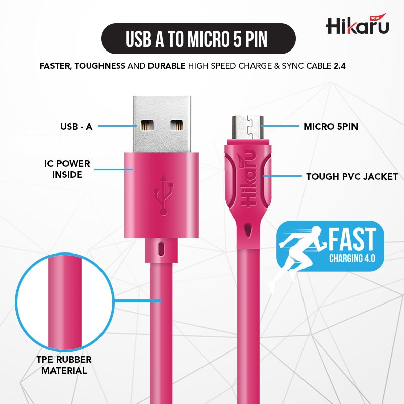 Mới Dây Cáp Sạc Nhanh Siêu Bền Hikaru 2.4a Usb Micro 5pin 1 M