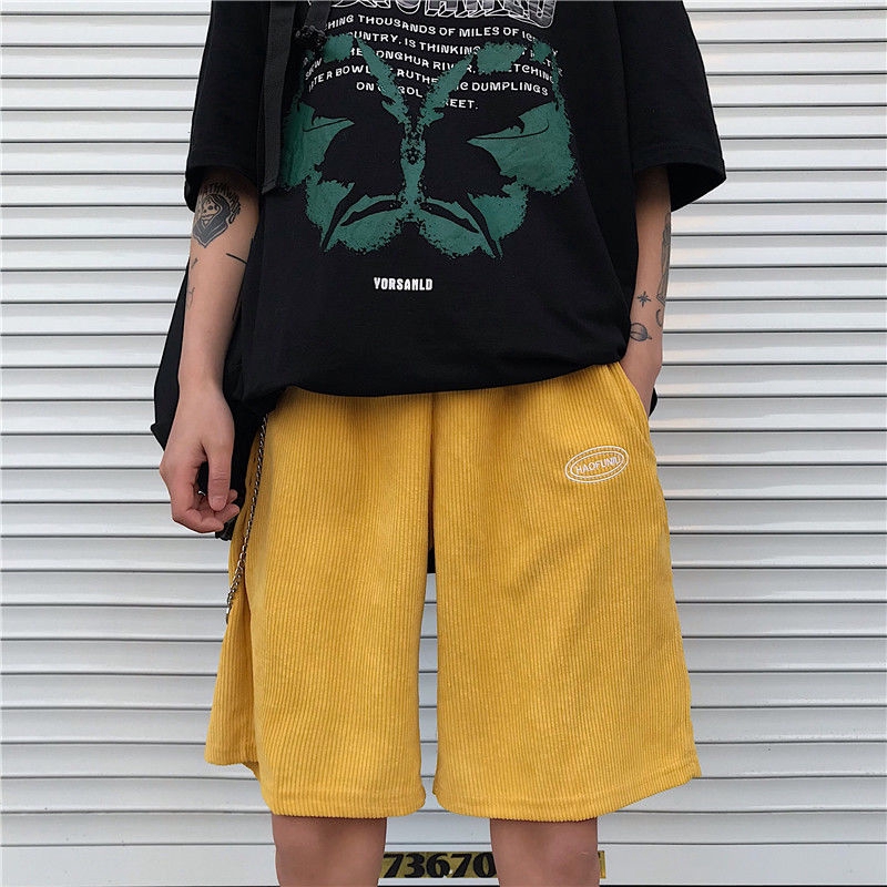 Quần Short Vải Nhung Kẻ Ống Suông Rộng Thời Trang Unisex