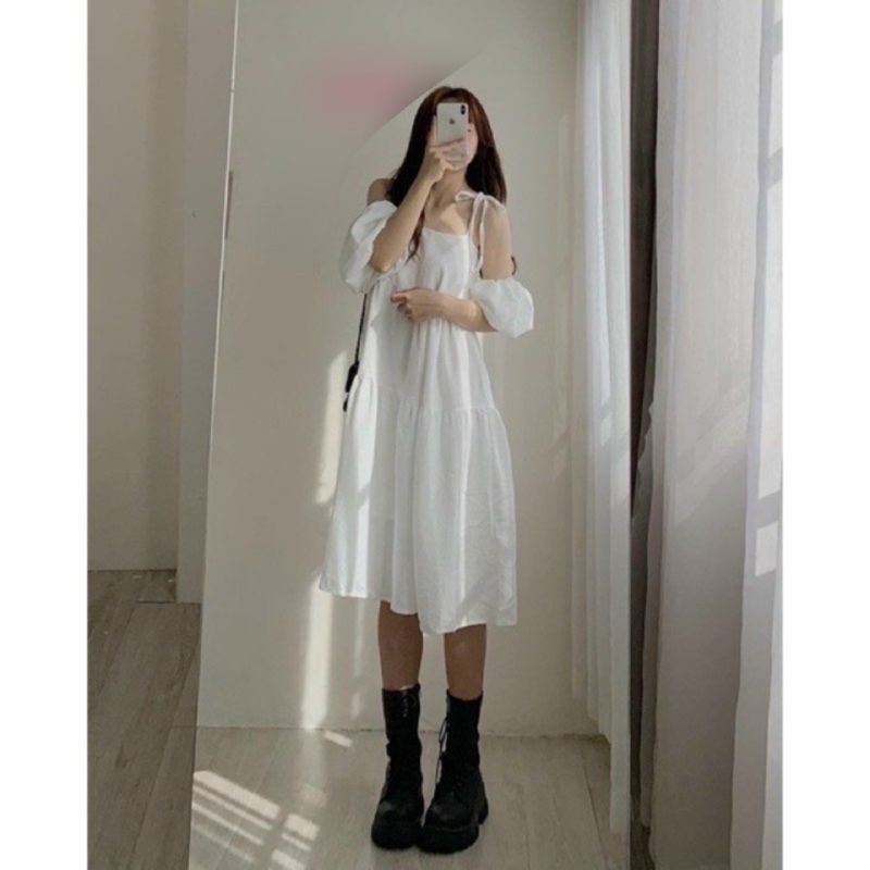 Đầm Maxi Babydoll 3 Tầng Mặc Đi Biển, Váy 2 Dây Hai Màu Đen Trắng