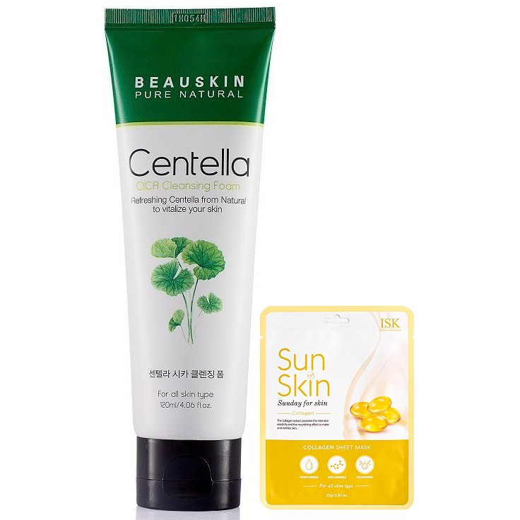 Combo 1  Sữa rửa mặt sạch mụn, trắng da rau má cica beauskin Hàn quốc 120ml/ Hộp Và 1 mặt nạ Beauskin Isk 23ml/gói