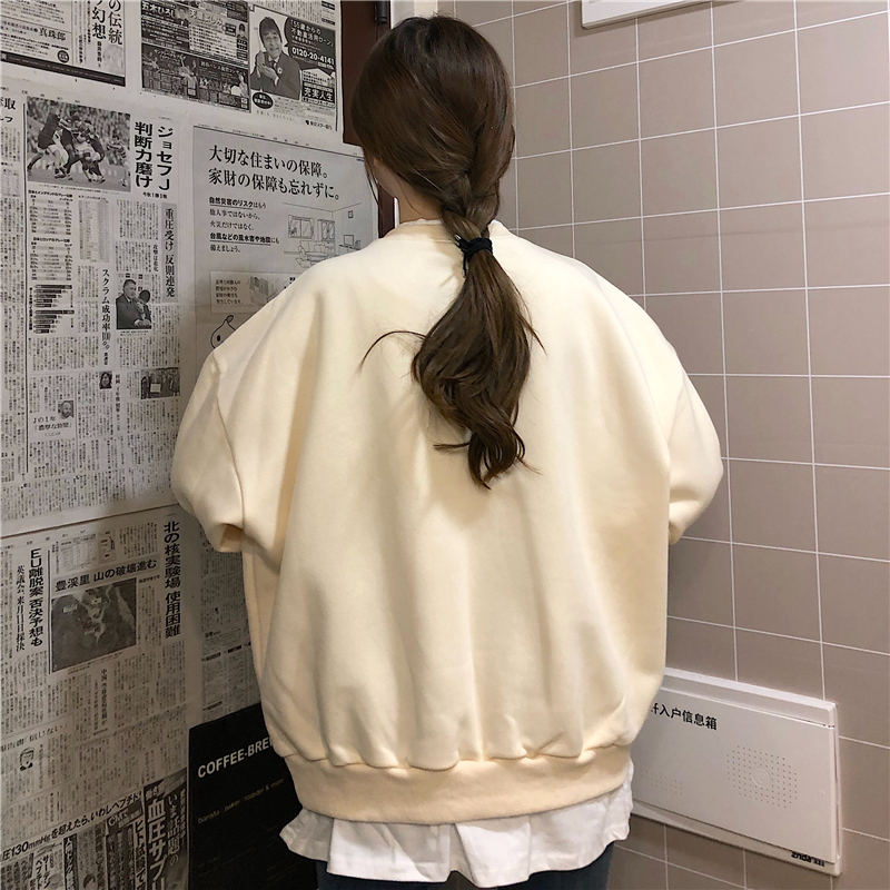 Áo sweater vải nhung dáng rộng cổ tròn có in họa tiết phong cách Hàn Quốc cho nữ