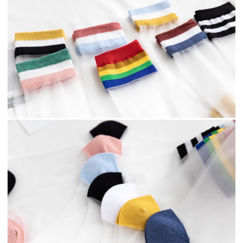 Summer Rainbow Striped Transparent Women Socks Japanese New Style Ultrathin Glass Silk Novelty Female Mid-calf Length Tube Socks