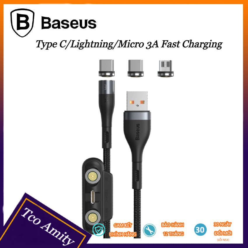 Cáp từ tính nam châm Baseus kèm USB to Lightning / Type C / MicroUSB [3A, 1M] - Sạc nhanh - Đầu nam châm hút chắc chắn