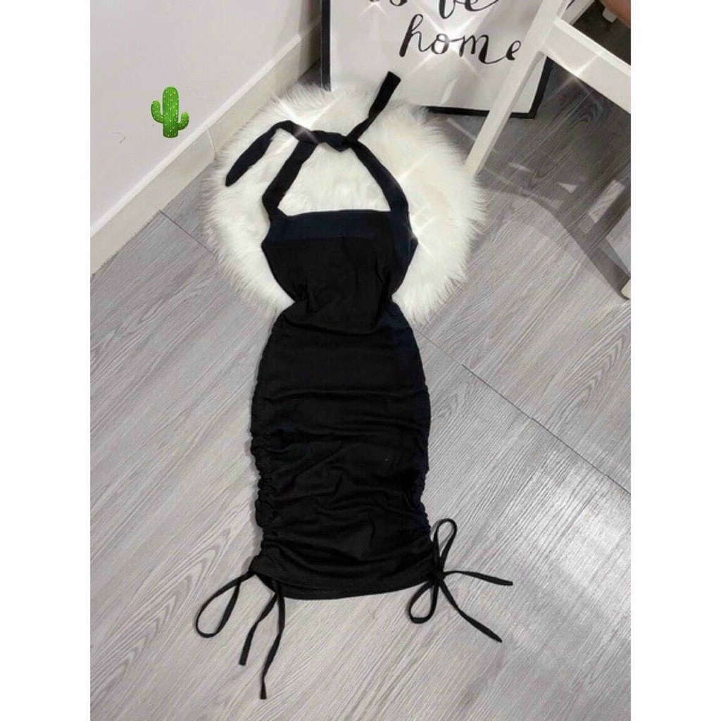 Đầm body hở lưng cổ yếm đeo phối rút dây 2 bên hông sexy PC60
