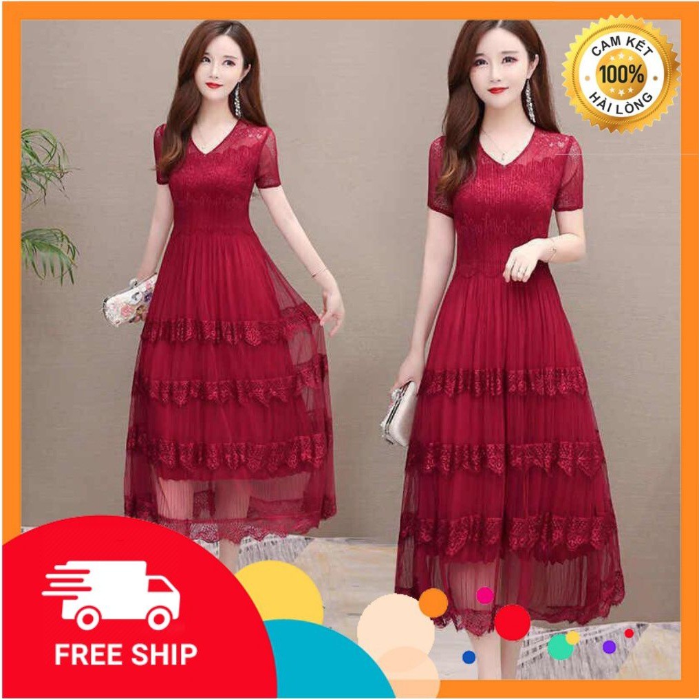 Đầm xoè - Đầm ren cổ V phối tầng dập ly