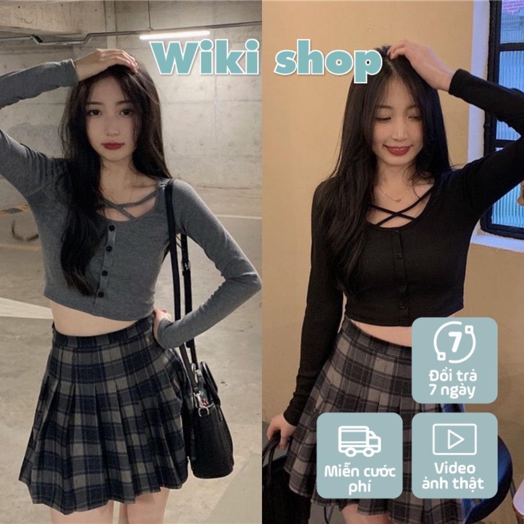 Áo croptop dài tay nữ đan dây cổ giả cúc Wikishop màu đen ghi freesize phom ôm sexy phong cách hàn quốc C626