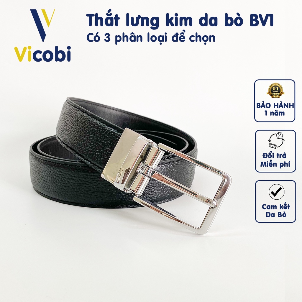 Thắt lưng Nam Da Bò Vicobi BV01, dây lưng khoá BẠC VUÔNG 3,3cm dùng cho văn phòng, đi sự kiện, made in VietNam