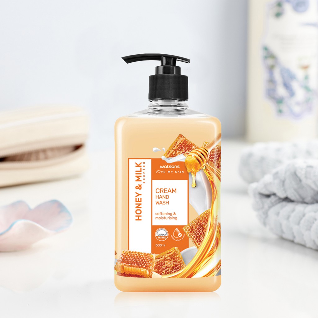 Kem Rửa Tay Watsons Love My Skin Honey & Milk Scented Cream Hand Soap Chiết Xuất Mật Ong & Sữa 500ml