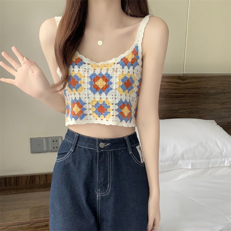 Áo Hai Dây Nhỏ Ngắn Thêu Họa Tiết Hoa Màu Sắc Retro Thời Trang Mùa Hè Cho Nữ