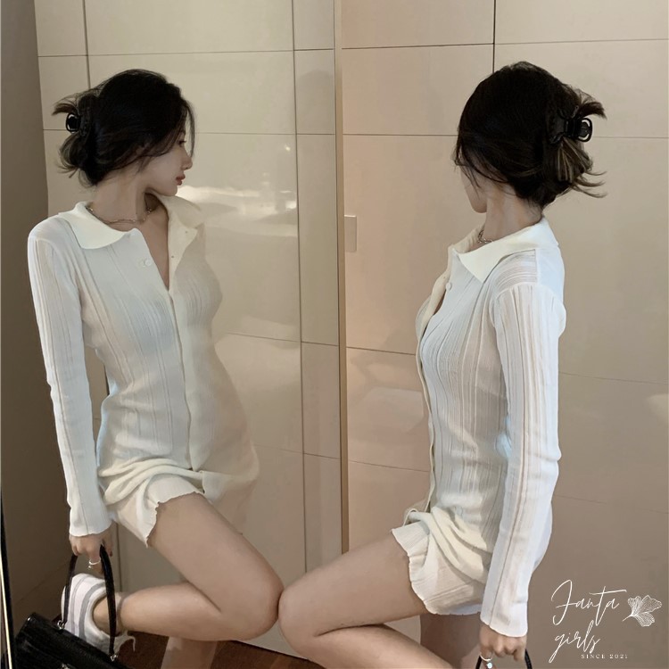 [100% GIỐNG ẢNH] Đầm len dệt kim tay dài màu trắng cổ bẻ đơn giản màu trắng