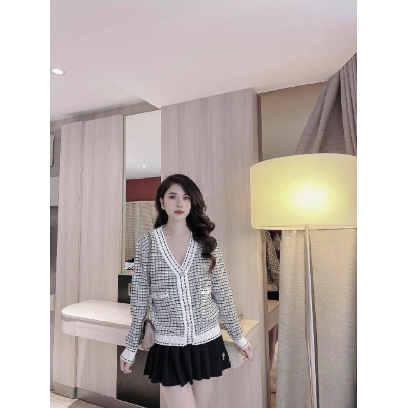A503 Áo Khoác Len, Áo khoác cadigan chạy viền 2 tone màu trắng đen basic, phối túi 2 bên và cúc ngọc | BigBuy360 - bigbuy360.vn
