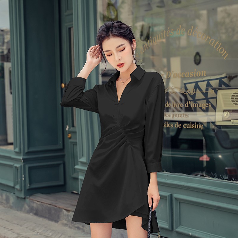 Đầm Sơ Mi Trắng Vải Voan Phối Satin Chiết Eo Dễ Thương