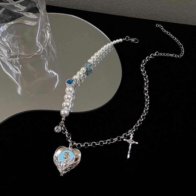 Dây chuyền chuỗi hạt ngọc trai giả phối thánh giá phong cách vintage 19A1065