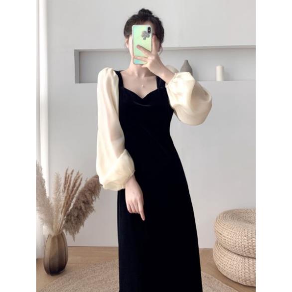 Váy nhung tay phối voan hàng Order QC