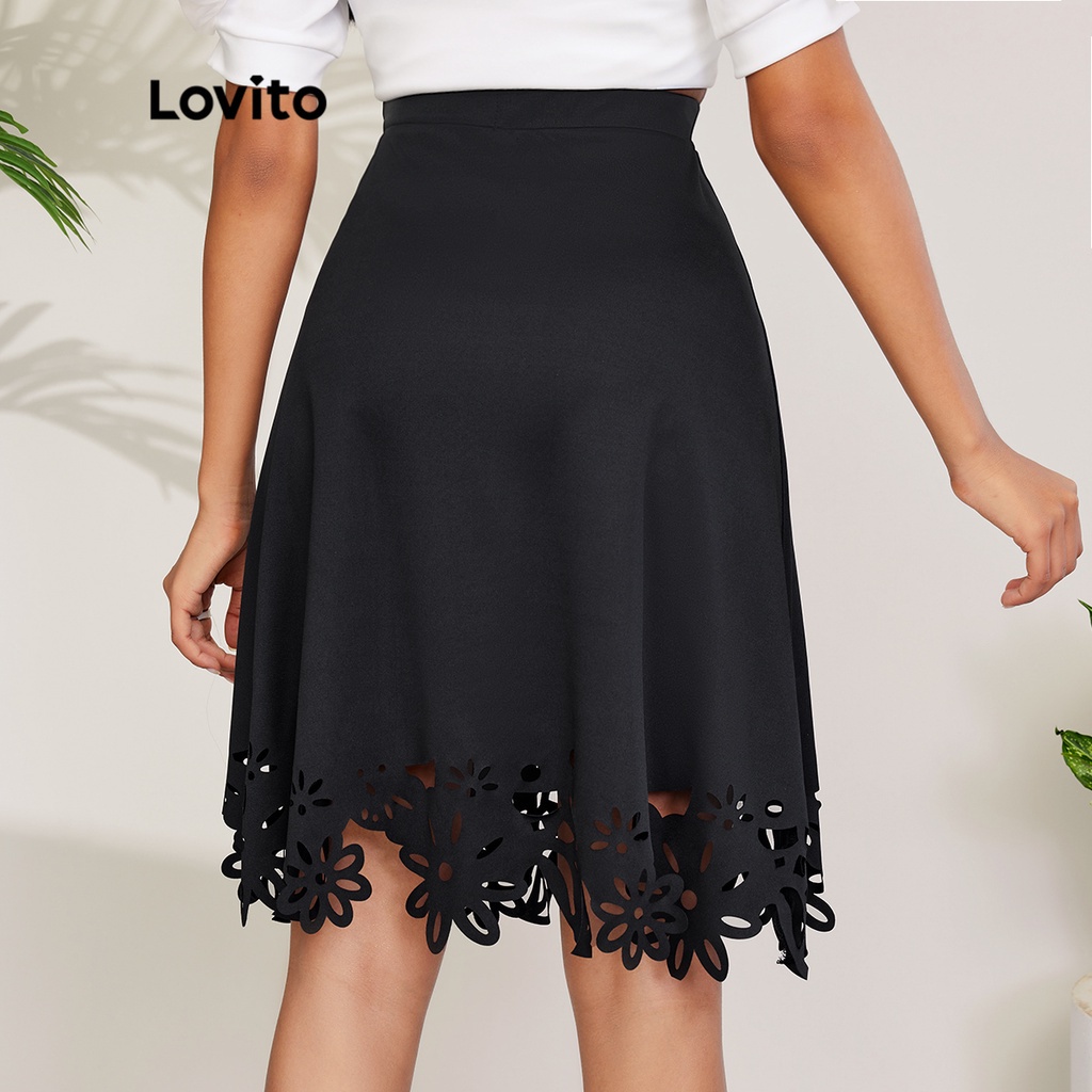 Chân váy Lovito L30LD139 dáng chữ A cắt xẻ màu trơn phong cách thanh lịch (màu đen)