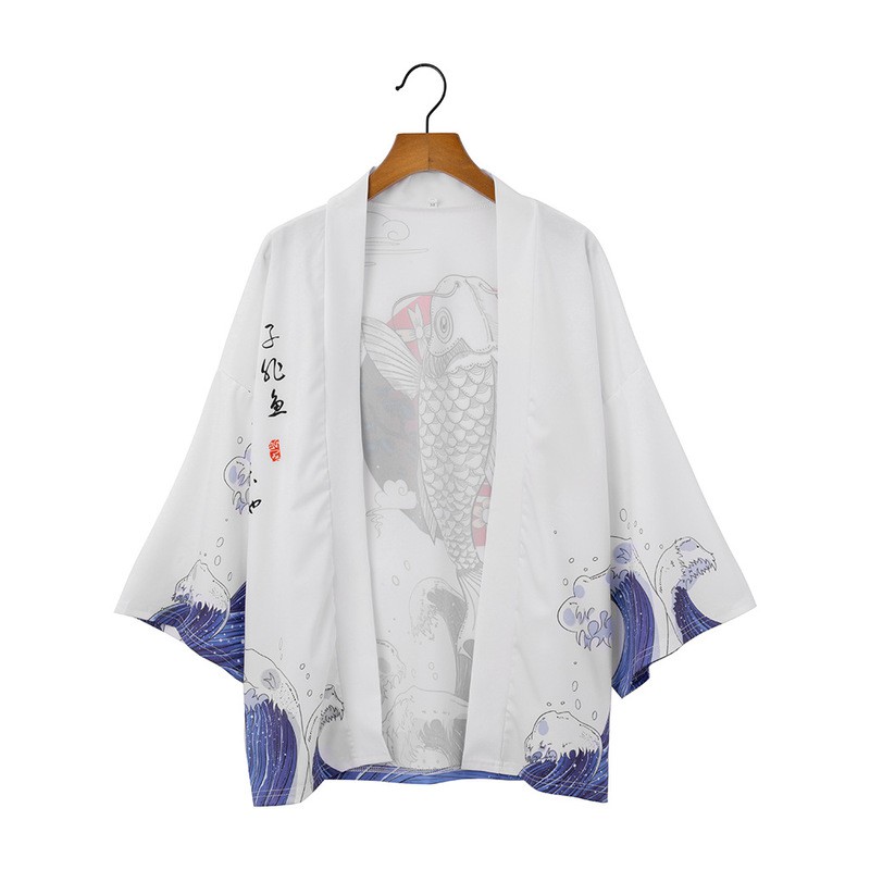 Áo Khoác Kimono In Hình Cá Bay Màu Đen Phong Cách Nhật Bản Cho Cặp Đôi