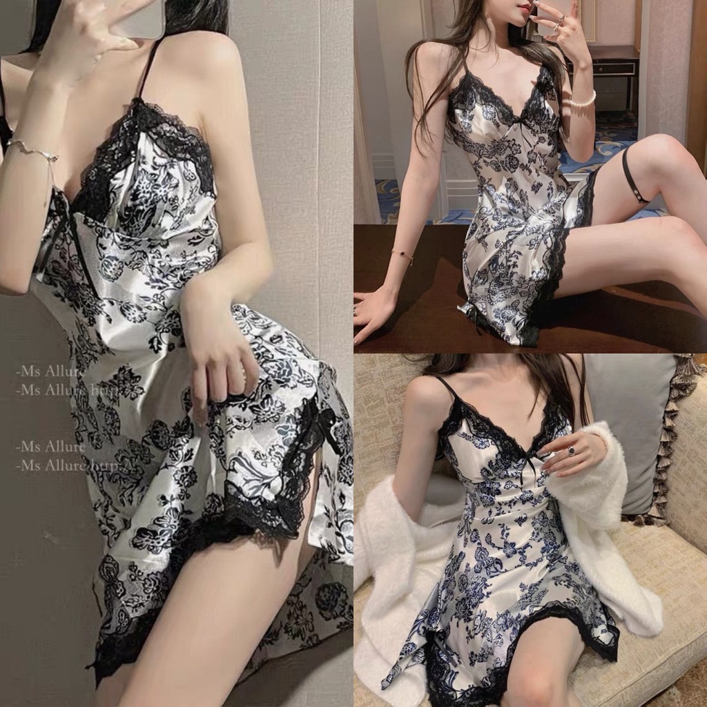 【Spot】silk sling pajama nightgown big size home wear Silk Satin Sleepwear Loose Sexy Retro Style For