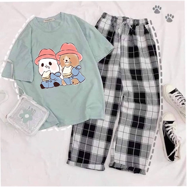 Sét áo phông Xanh in 3D hình dễ thương + quần kẻ karo, Áo thun from rộng, Chất đẹp không xù, quần suông ống rộng - MODY