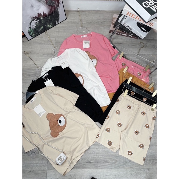 Bộ gấu cotton lửng Set gấu áo thun kèm quần sooc in gấu