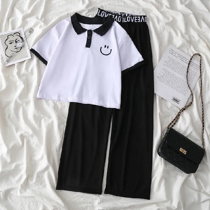 Set Áo Thun Polo Tay Ngắn Kèm Quần Ống Rộng 12 Tuổi Phong Cách Hàn Quốc Cho Bé Gái