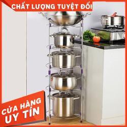 Kệ để nồi xoong 5 tầng inox tiện lợi tặng kèm tấm lót nồi gỗ đa năng