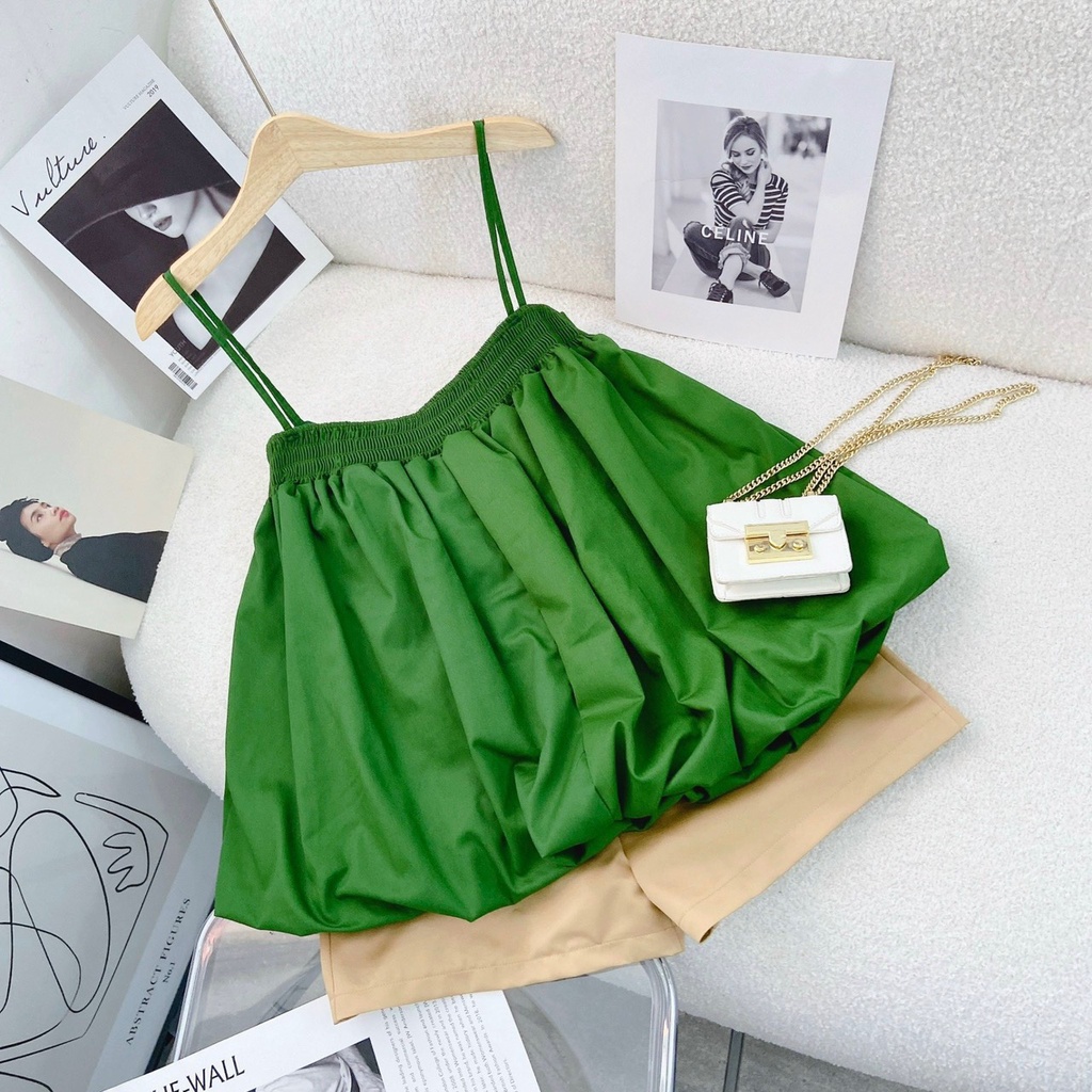 SET ÁO 2 DÂY XANH DÁNG BÍ + QUẦN SHORT KEM