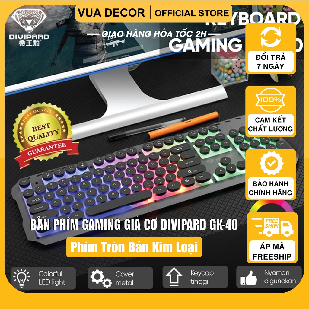 Bàn Phím Gaming Giả Cơ Divipard GK-40 Punk Metal LED Rainbow Phím Tròn Bản Kim Loại Dành Riêng Cho Game Thủ