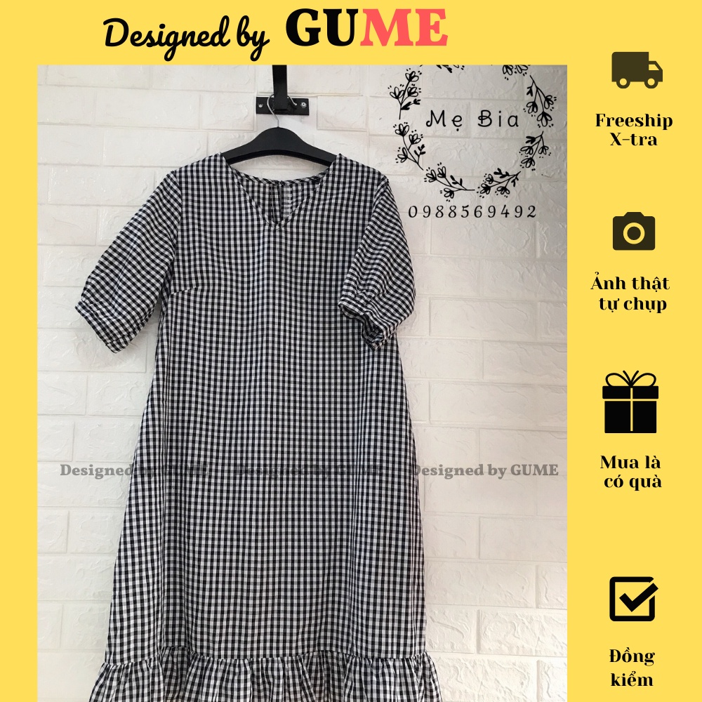 Đầm Bầu Công Sở - Váy Bầu GUME Kẻ caro đen đuôi cá nhẹ cổ V tay lõ chất vải thô cottob mềm size từ 40-100kg- MB71