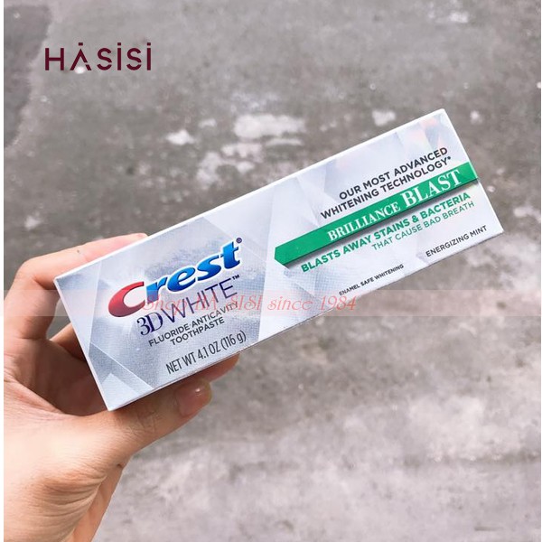 Kem Đánh Răng CREST 3D WHITE 3D FLUORIDE ANTICAVITY TOOTHPASTE BRILIANCE BLAST 116gr (Viền xanh lá)