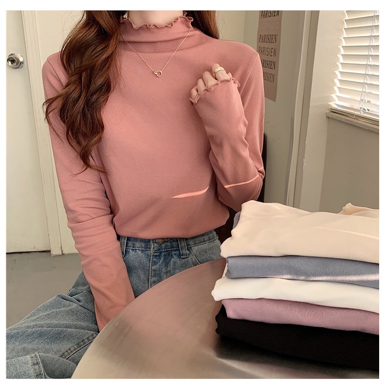 Áo Thun Nữ Dài Tay Cổ Cao Viền Gỗ Mới