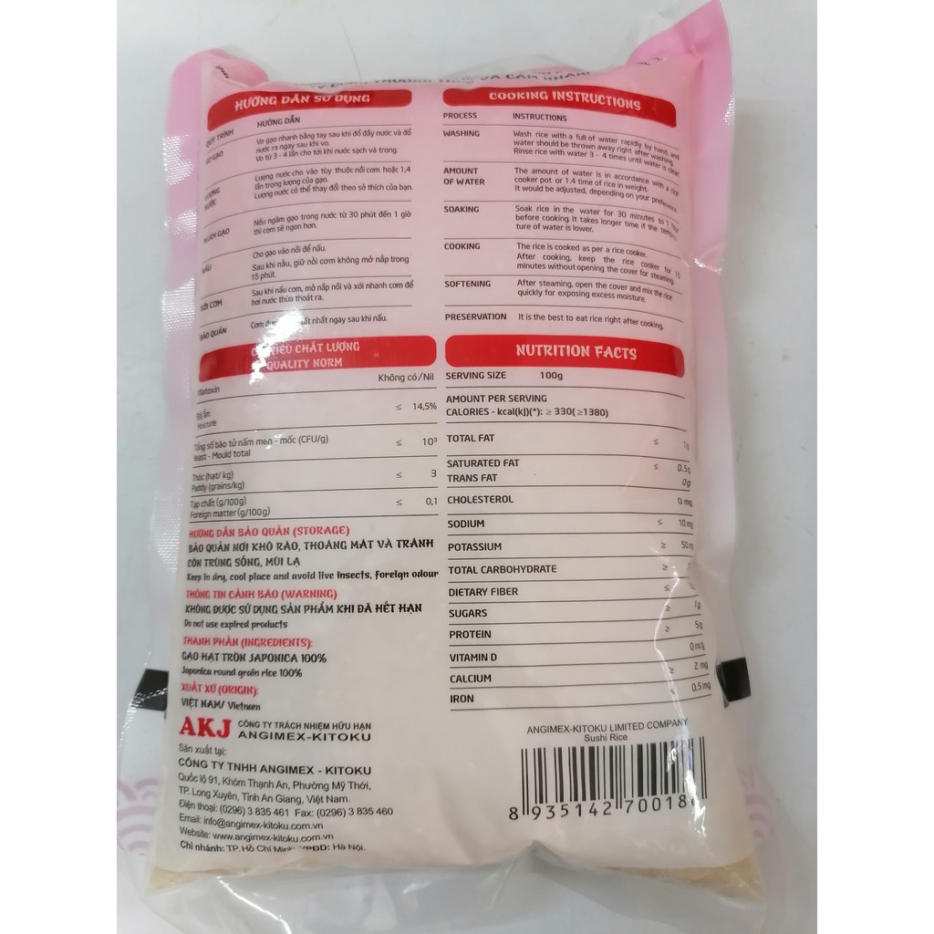 [1 Kg] Gạo làm Sushi “giống Nhật Japonia” [VN] ANGIMEX KITOKU Sushi Rice (btn-hk0)