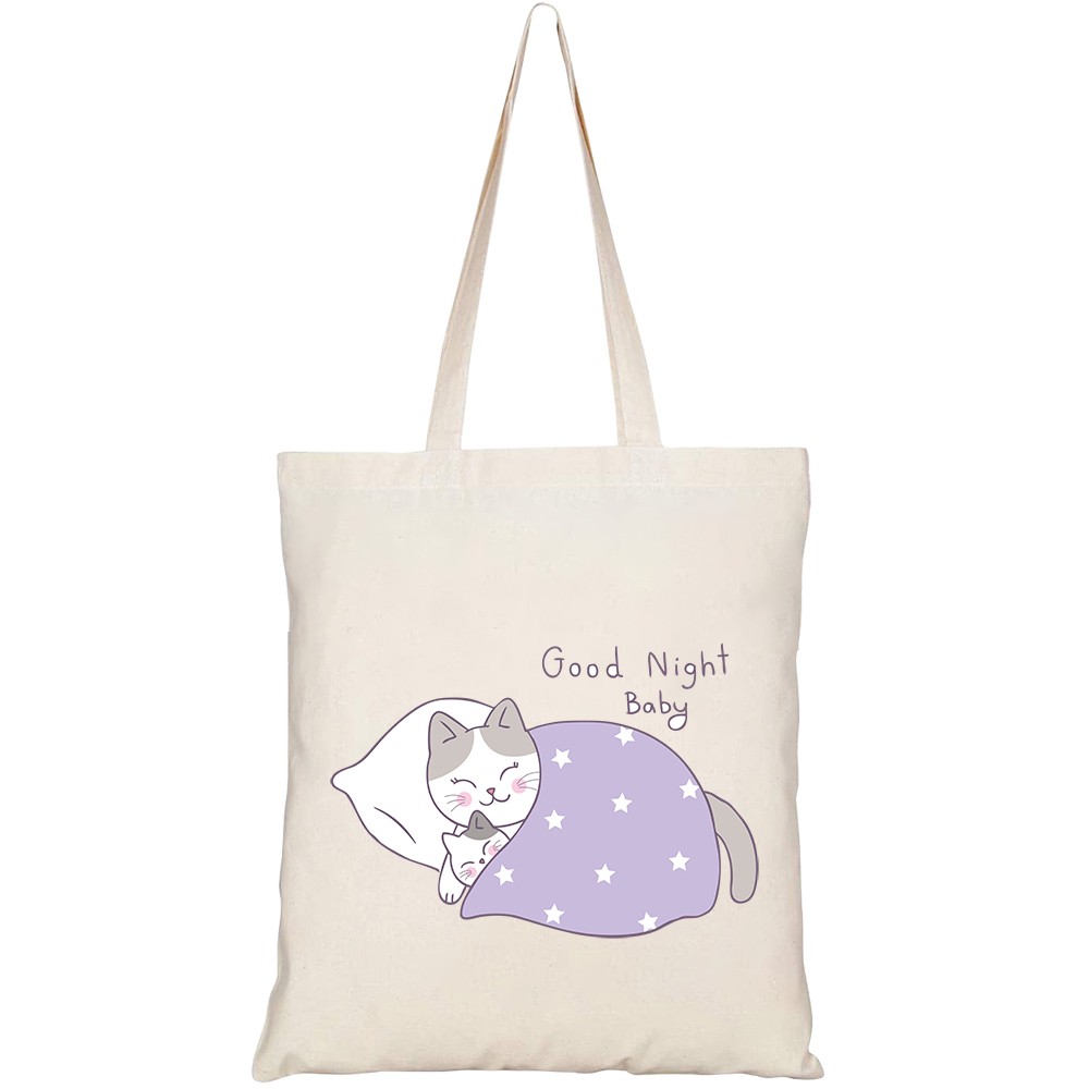 Túi vải tote canvas HTFashion in hình cartoon cute mom baby cat sleeping HT160