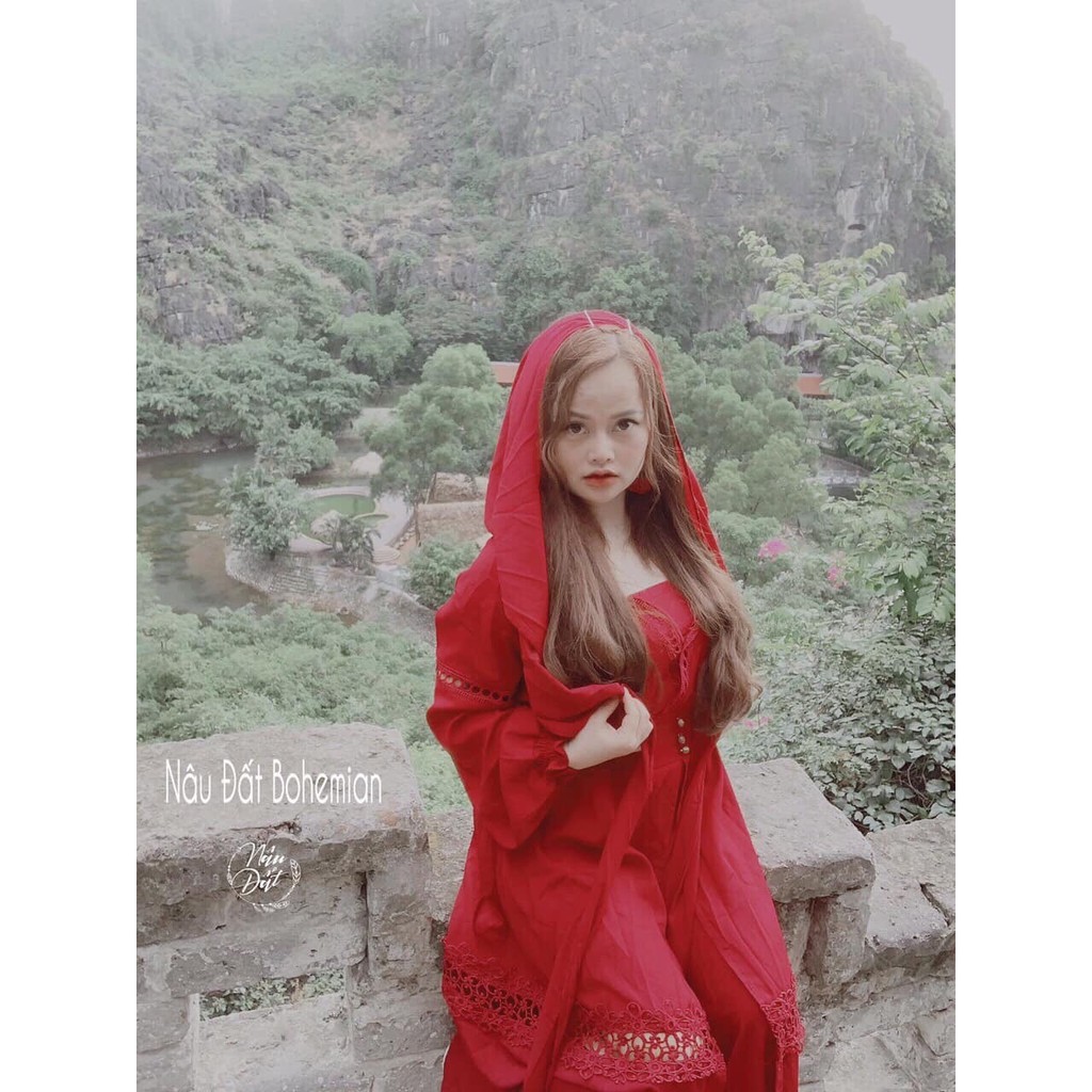 Đầm đỏ maxi phối ren xẻ tà KÈM KHĂN CHOÀNG ( HÌNH THẬT CHỤP SÀN 100%)
