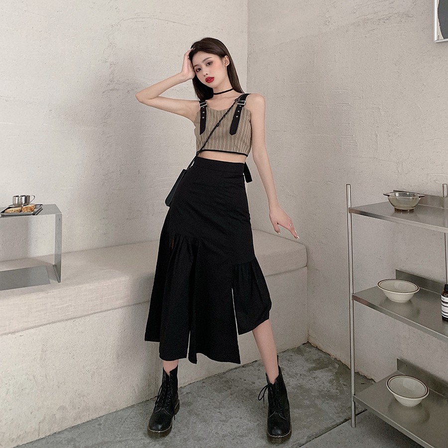Set áo croptop hai dây nơ lưng váy đen xẻ tà lưng cao (có clip + hình thật)