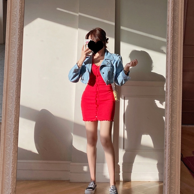 IELGY  Đầm Ren Cổ Chữ V Eo Cao Ngắn Tay Ôm Dáng Màu Trơn Thời Trang