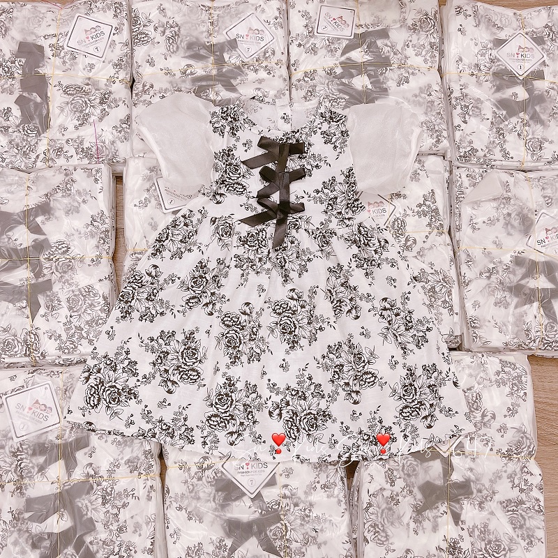 Váy đầm đính nơ tay bồng công chúa cho bé gái 8-20kg