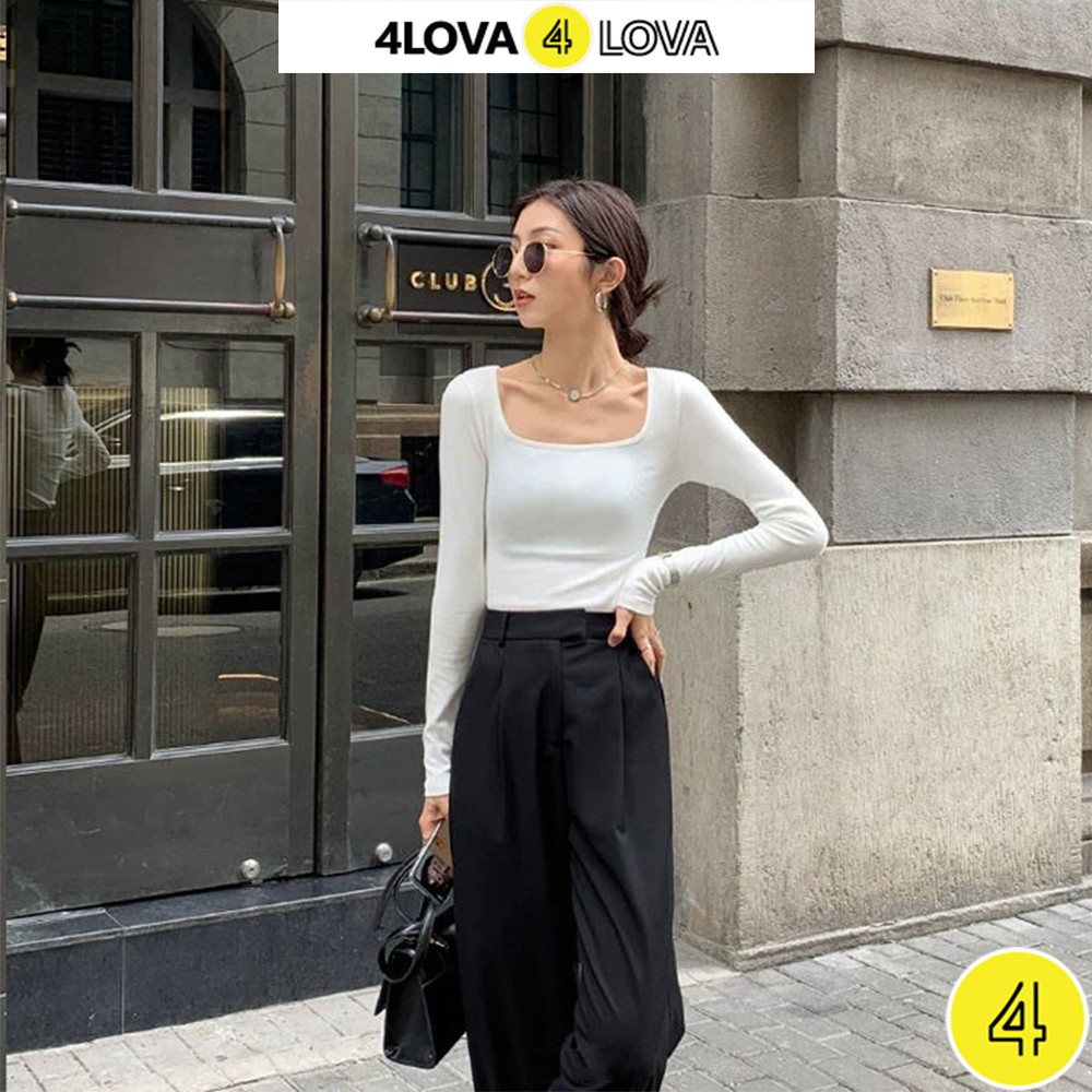 Áo thun nữ dài tay cổ vuông 4LOVA dáng ôm body chất cotton co giãn cao cấp mềm mại | BigBuy360 - bigbuy360.vn